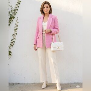 Carre Noir tweed blazer double breasted gold crest buttons barbie pink